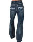 Blue jeans with decorative stitching on a white background