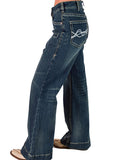 Blue jeans with a decorative pocket design on a white background