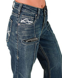Blue jeans with a phone in the pocket on a white background