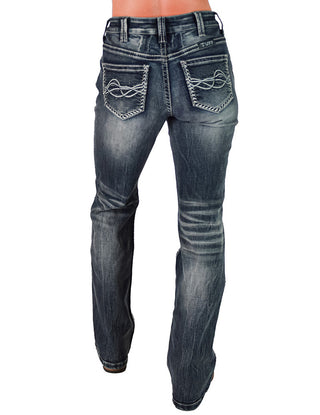 Blue jeans with decorative stitching on a white background