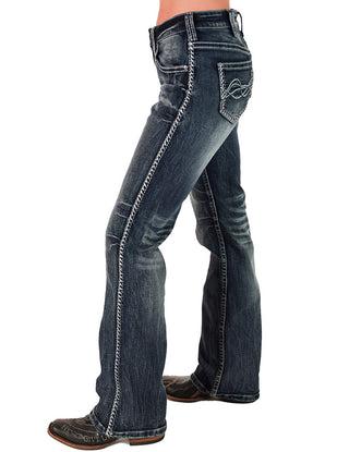 Blue jeans with decorative stitching on a white background