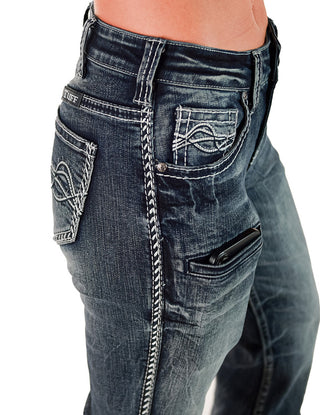 Close-up of dark blue jeans with zippers and stitching details on a white background