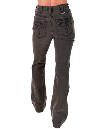 Dark gray jeans with decorative stitching on a white background