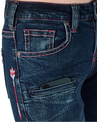 Close-up of dark blue denim jeans with red contrast stitching, showing the back pocket and a phone tucked into the front pocket.