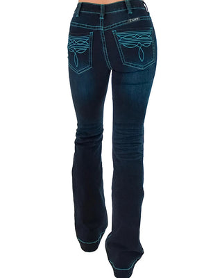 Rusty brand dark blue denim flare jeans shown from the back, featuring turquoise contrast stitching and decorative embroidery on the back pockets.