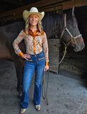 Cowgirl Tuff - Brown Western Boot Stitch High-Rise Trouser Jeans – Medium Wash with Faux Leather Detail
