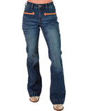 Cowgirl Tuff - Brown Western Boot Stitch High-Rise Trouser Jeans – Medium Wash with Faux Leather Detail