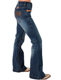 Cowgirl Tuff - Brown Western Boot Stitch High-Rise Trouser Jeans – Medium Wash with Faux Leather Detail