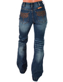 Cowgirl Tuff - Brown Western Boot Stitch High-Rise Trouser Jeans – Medium Wash with Faux Leather Detail