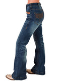 Cowgirl Tuff - Brown Western Boot Stitch High-Rise Trouser Jeans – Medium Wash with Faux Leather Detail