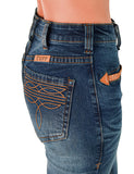 Cowgirl Tuff - Brown Western Boot Stitch High-Rise Trouser Jeans – Medium Wash with Faux Leather Detail