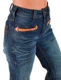 Cowgirl Tuff - Brown Western Boot Stitch High-Rise Trouser Jeans – Medium Wash with Faux Leather Detail