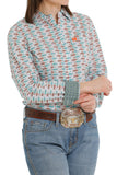 Women's Cinch Button-Up Shirt- White/Orange/Blue