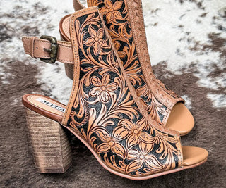 Women’s floral tooled leather western heeled sandal booties with ankle strap and stacked heel