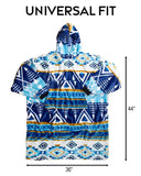 Patterned blanket hoodie with measurements on a white background