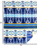 Blue and white patterned blanket with dimensions on a white background