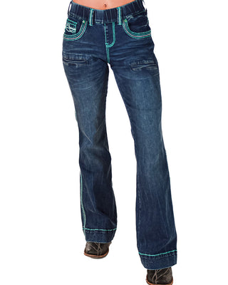 Blue jeans with green stitching on a white background
