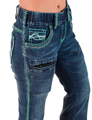 Blue jeans with green stitching on a white background