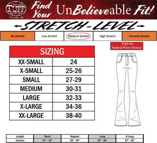 Cuffwaits stretch level chart for pants with sizing guide on a white background