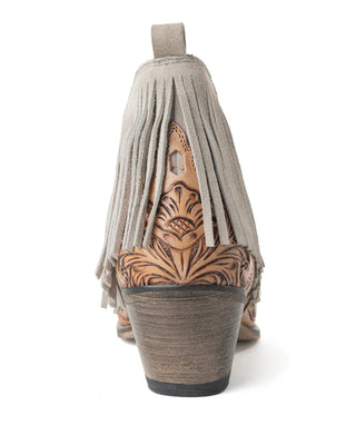 Brown boot with intricate design and beige fringe on a white background
