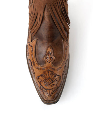 Wild Ember Fringed Handtooled Leather Booties in Golden Rust by Myra Bag