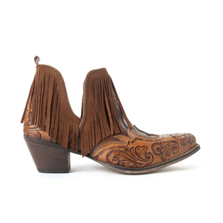 Wild Ember Fringed Handtooled Leather Booties in Golden Rust by Myra Bag