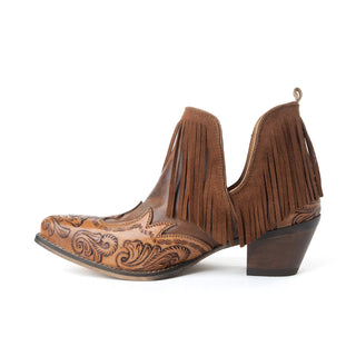 Wild Ember Fringed Handtooled Leather Booties in Golden Rust by Myra Bag