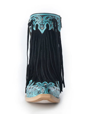 Black fringe boot with turquoise embroidery on a white background