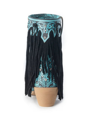 Decorative vase with turquoise pattern and black fringes on a white background