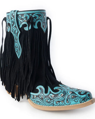 A western-style ankle boot with black suede-like fringe, turquoise and black scrollwork embroidery, and a light tan sole, shown on a plain white background.