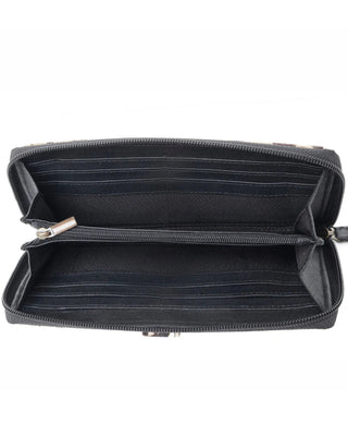 Black leather wallet with multiple card slots on a white background