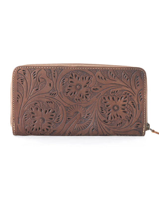 Brown leather wallet with intricate floral patterns on a white background