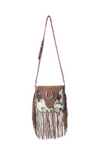 Western-style fringe cowhide bag with suede body displayed on a white background