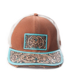 Front view of brown trucker hat with turquoise western tooled leather detail on a white background