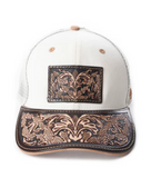 Western-style snapback cap with floral tooled leather brim and front patch on a white background
