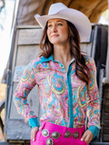 Cowgirl Tuff Electric Prairie – Paisley Print Stretch Button Up with Turquoise Foil