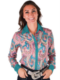 Cowgirl Tuff Electric Prairie – Paisley Print Stretch Button Up with Turquoise Foil