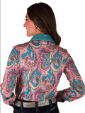 Cowgirl Tuff Electric Prairie – Paisley Print Stretch Button Up with Turquoise Foil