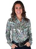 Cowgirl Tuff Chrome Rebel – Zebra Print Stretch Button Up with Colorful Foil