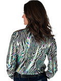 Cowgirl Tuff Chrome Rebel – Zebra Print Stretch Button Up with Colorful Foil