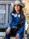 Cowgirl Tuff Prescott Pearl Snap – Denim Button Up with Boot Stitch Embroidery