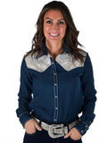 Cowgirl Tuff Prescott Pearl Snap – Denim Button Up with Boot Stitch Embroidery