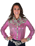 Cowgirl Tuff Dusty Rose – Metallic Button Up with Paisley Accents