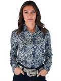 Cowgirl Tuff Dust and Grace – Navy and White Lace Print Button Up