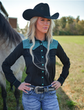 Cowgirl Tuff Midnight Dash – Black Stretch Suede Button Up with Boot Stitch Details