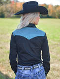Cowgirl Tuff Midnight Dash – Black Stretch Suede Button Up with Boot Stitch Details