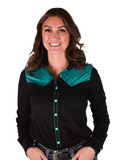 Cowgirl Tuff Midnight Dash – Black Stretch Suede Button Up with Boot Stitch Details