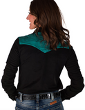 Cowgirl Tuff Midnight Dash – Black Stretch Suede Button Up with Boot Stitch Details