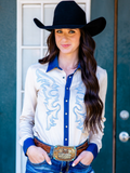 Cowgirl Tuff Pale Rider – Ivory Stretch Suede Button Up with Embroidery