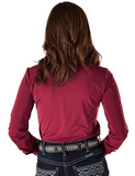 Back view of a girl wearing the  Garnet Grit Pullover Button Up in a white back drop.